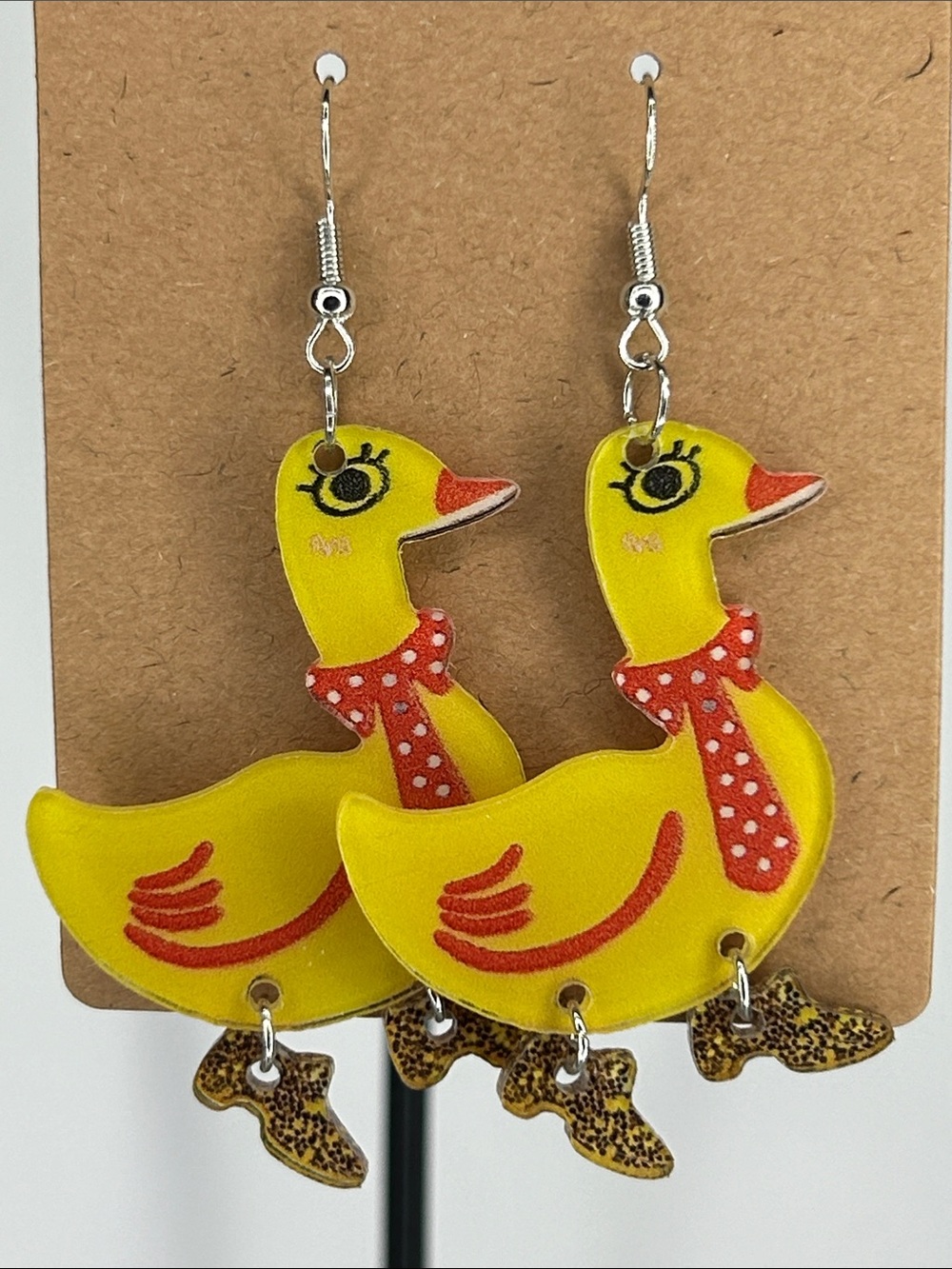 Cute Yellow Duck Dangle Earrings with Red Polka- Dot Scarves Fashion Jewelry